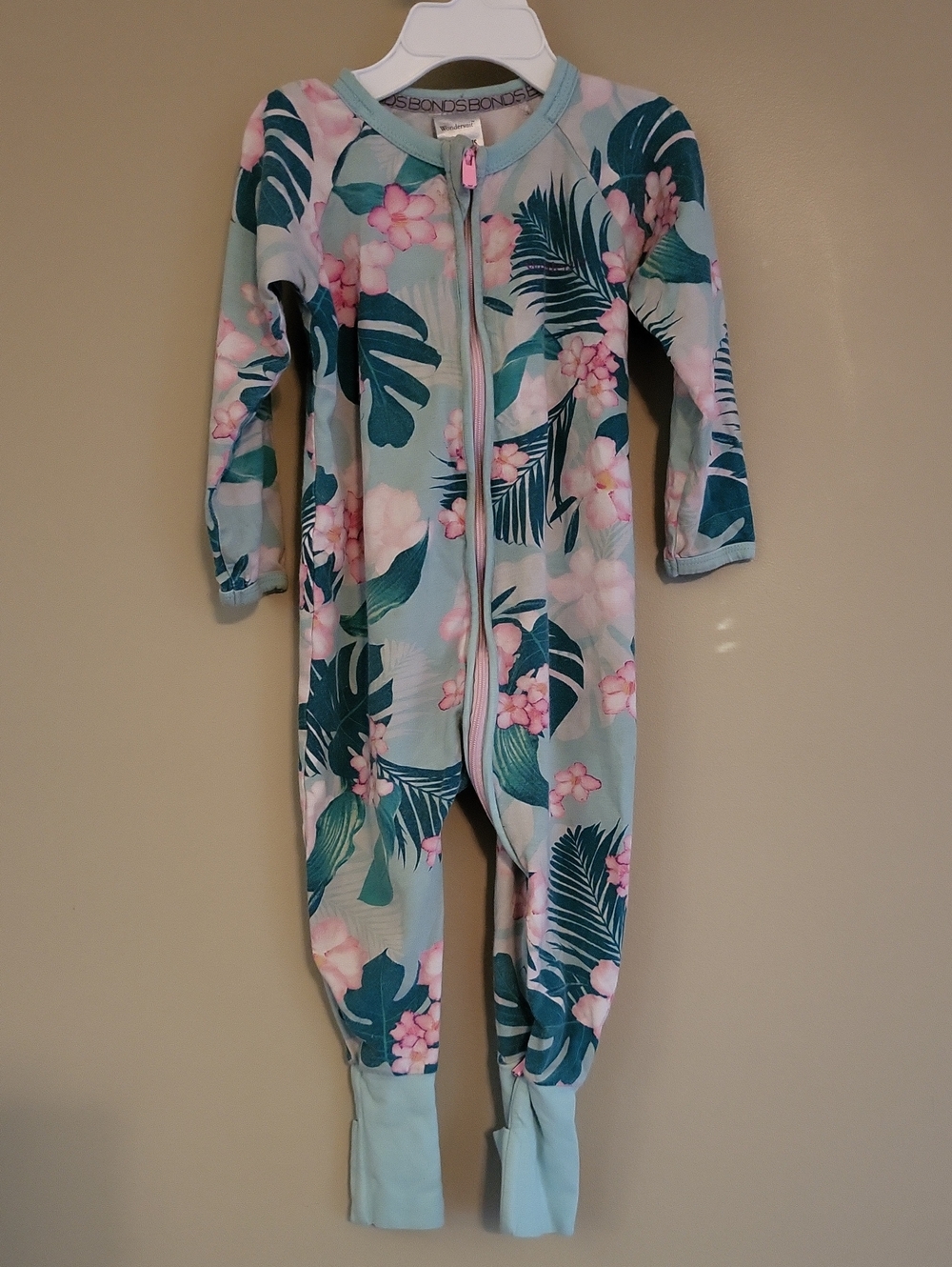 Bonds Wondersuit mint green floral sleeper/footie